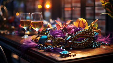 A purple and gold mask on a table with two glasses.