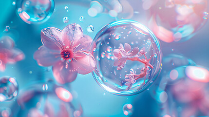 Poster - colorful soap bubbles with flower inside, pink and blue background, bubbles flying in the air, detailed bubbles, beautiful bubbles, macro photography