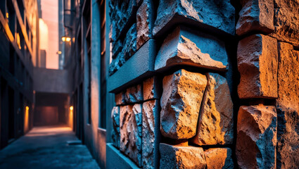 An industrial urban alleyway featuring large, rugged stone blocks illuminated with blue and orange lighting, creating a gritty yet warm environment amidst the city backdrop.