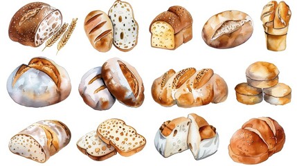 Sticker - Watercolor illustration style of Bread Assortment Flat Lay