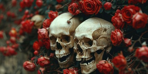 Two Skulls Amidst Red Roses