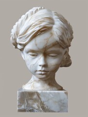 Sculpted marble head of a girl in antique style.