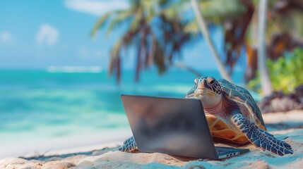 Turtle Working on Laptop at Beach.