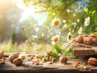 Poster - Rustic Scene with Scattered Nuts and Painted Daisies on Wooden Table in Nature