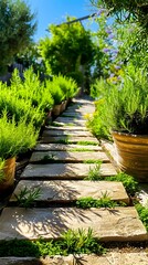 Sticker - Rustic Paver Walkway Surrounded by Aromatic Rosemary Garden