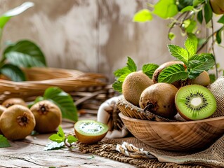 Sticker - Rustic Kiwi Bowl with Natural Foliage and Texture