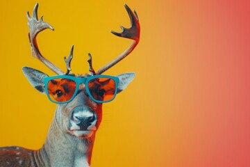 Wall Mural - Funny reindeer with sunglasses in a brightly colored studio setting.