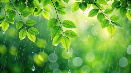 Sticker - Raindrops gently falling on green leaves of a tree, rain, falling, water, droplets, nature, green, leaves, tree