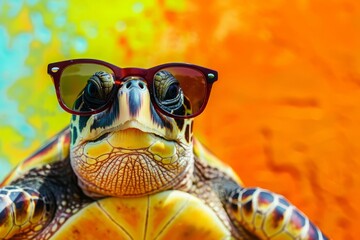 Wall Mural - Funny turtle wearing sunglasses in studio with a colorful and bright background