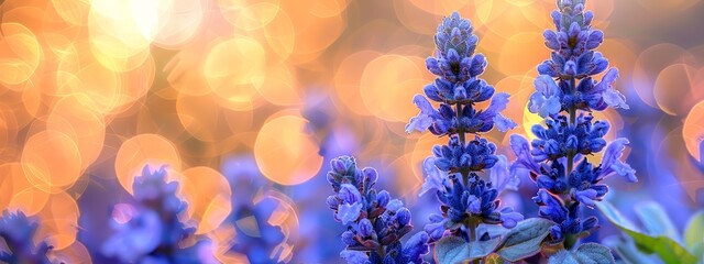 Wall Mural -  A tight shot of a cluster of purple flowers with softly blurred lights in the background