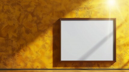 Wall Mural - Clean blank frame mockup against a rich yellow wall, spotlight highlighting its elegant simplicity