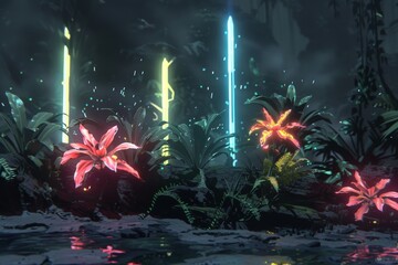 Mystical Neon Glow in a Tropical Forest
