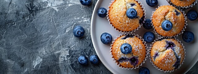 Wall Mural -  A plate of blueberry muffins topped with powdered sugar and fresh blueberries