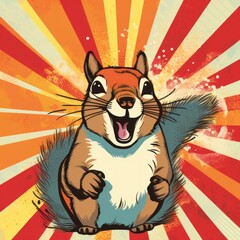 Sticker - Squirrel on grunge background with vintage sun rays.