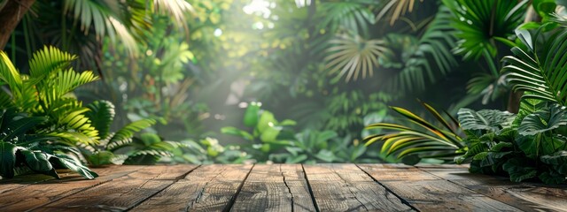 Wall Mural -  A wooden table, lush with numerous green plants, adjacent to a forest teeming with tall, leafy trees
