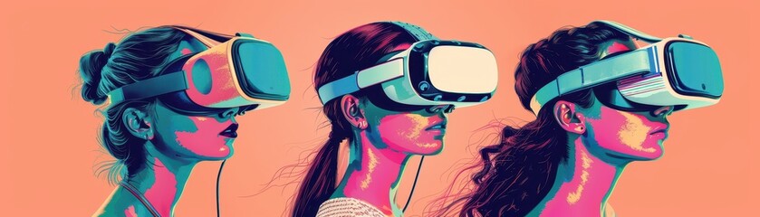 Wall Mural - women enjoying virtual reality on solid background