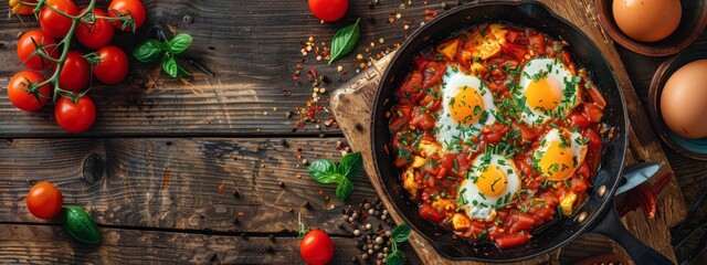  A pan filled with eggs and tomatoes on a wooden table Nearby, eggs and tomatoes, along with eggshells