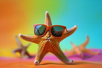 Wall Mural - Laughable starfish with sunglasses in a brightly colored studio background