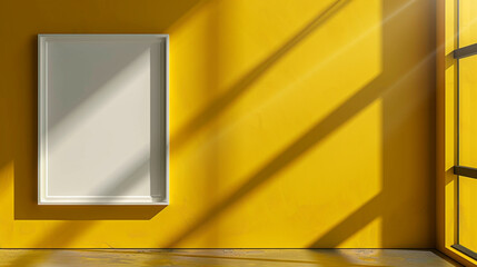 Wall Mural - Minimalist blank frame mockup on a bold yellow wall, spotlight creating dramatic shadows and highlights