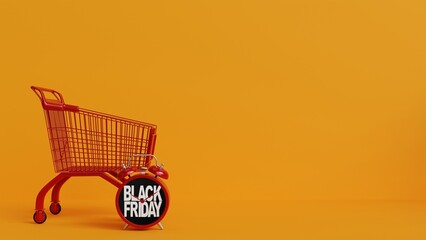 Canvas Print - Black friday sale background 3d render illustration. Shopping trolley and alarm black friday sale