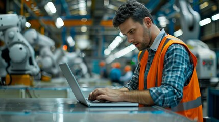 Poster - Engineer in a safety vest working on a laptop in an advanced manufacturing factory