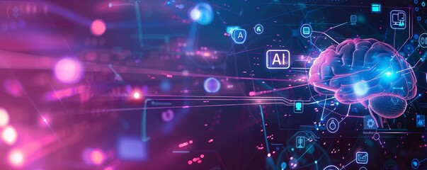 Poster - Futuristic digital brain with AI technology interface and data visualization