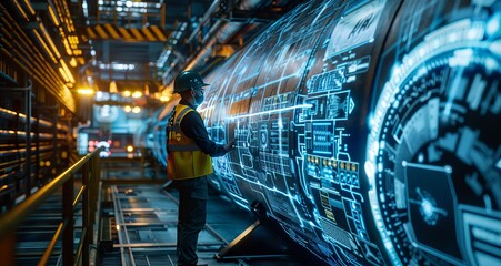Poster - Engineer in futuristic industrial facility interacting with digital interface on machinery