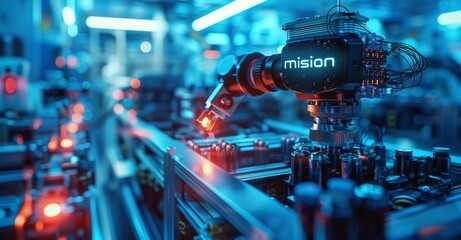 Poster - Industrial robotic arm assembling components in a high-tech factory environment