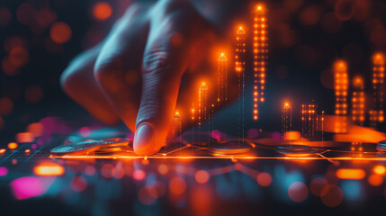 Poster - A hand is pointing at a screen with a bunch of numbers and dots. Concept of excitement and anticipation, as if the viewer is about to make a big decision or take a significant action