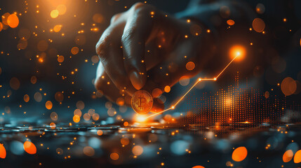 Poster - A hand is reaching for a coin on a table. The table is covered in a lot of small, glowing dots