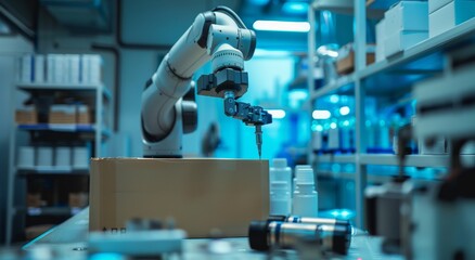 Poster - Robotic arm handling a package in an advanced industrial setting with shelves of containers