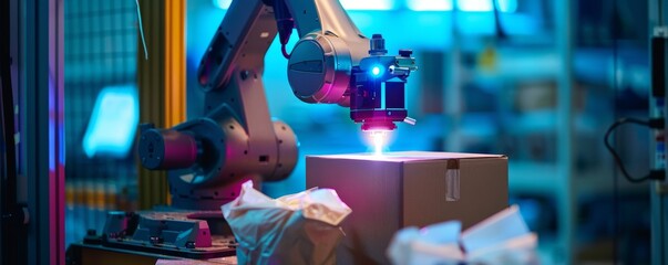 Poster - Robotic arm in industrial setting packaging products in factory