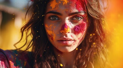 Wall Mural - Close-up of a beautiful woman playing holi