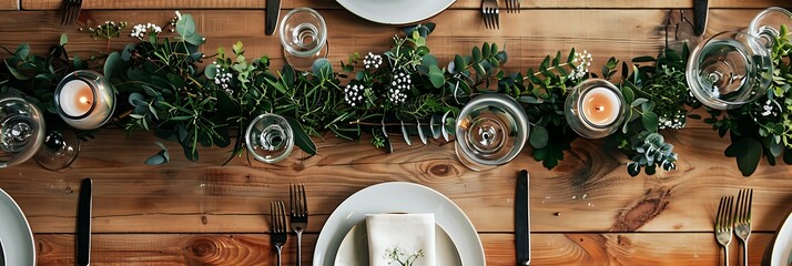 Table served in modern stylish dining room, top view, wooden table , panoramic