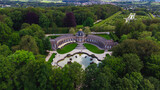 Rococo style building drone aerial view. Bayreuth hermitage. Landscape and green park view.  