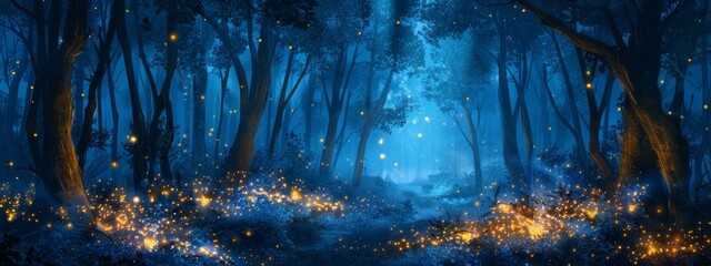  A forest teeming with numerous fireflies flying amidst a forest abundant in fireflies