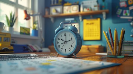 Canvas Print - Blue Alarm Clock on a Wooden Desk with School Supplies