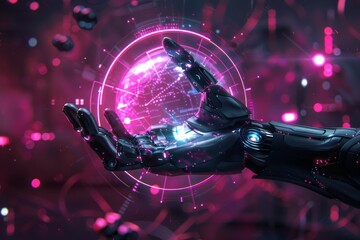 Poster - Futuristic robotic hand holding a glowing digital globe with holographic interface and pink lights