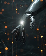 Poster - Robotic hand with illuminated finger touching network interface in futuristic concept art