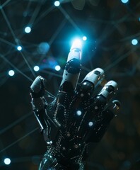 Poster - Robotic hand with illuminated fingertip showcasing advanced technology and AI interface