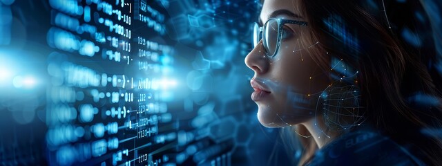  A woman in futuristic glasses examines a wall of glowing data against a dark background Her face emits a radiant light
