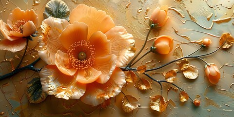 Poster - 3d render, abstract floral background, orange flowers on a gold background