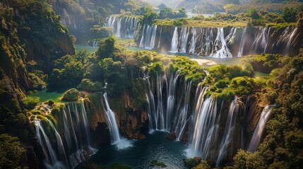 Wall Mural - A powerful waterfall in a vibrant green forest, with water splashing into a river that winds through the woods