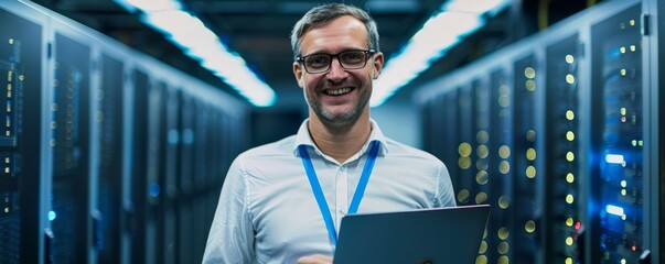 Poster - Smiling IT professional holding laptop in server room with modern technology