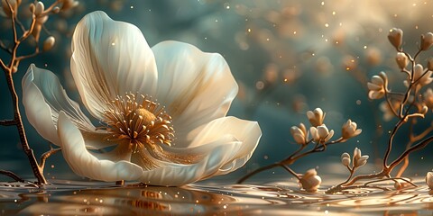 3d illustration of a white magnolia flower floating in the water