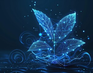 Poster - abstract digital plant with glowing leaves representing technology and nature