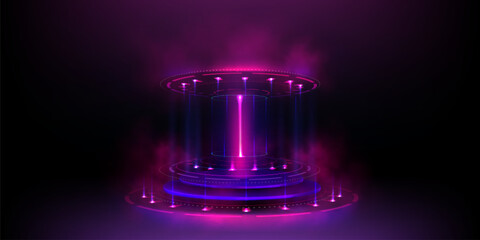Poster - 3d tech hologram podium or light portal platform. Pink neon game stage. Hud futuristic teleport with fantasy glow effect. Cyber casino design with smoke and round base element to display product