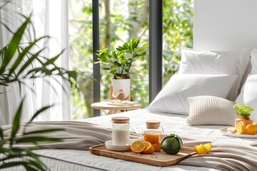 Poster - Cozy Modern Bedroom with Citrus Press and Natural Greenery