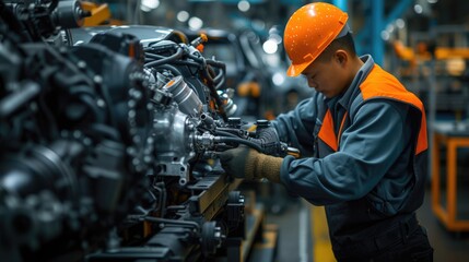 Wall Mural - A man is working on an engine in an automotive factory, specializing in the production of motor vehicles and auto parts. AIG41