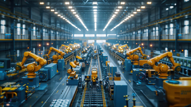 High-tech robotic arms operating on an automated assembly line in a modern factory, with advanced machinery and lighting.
